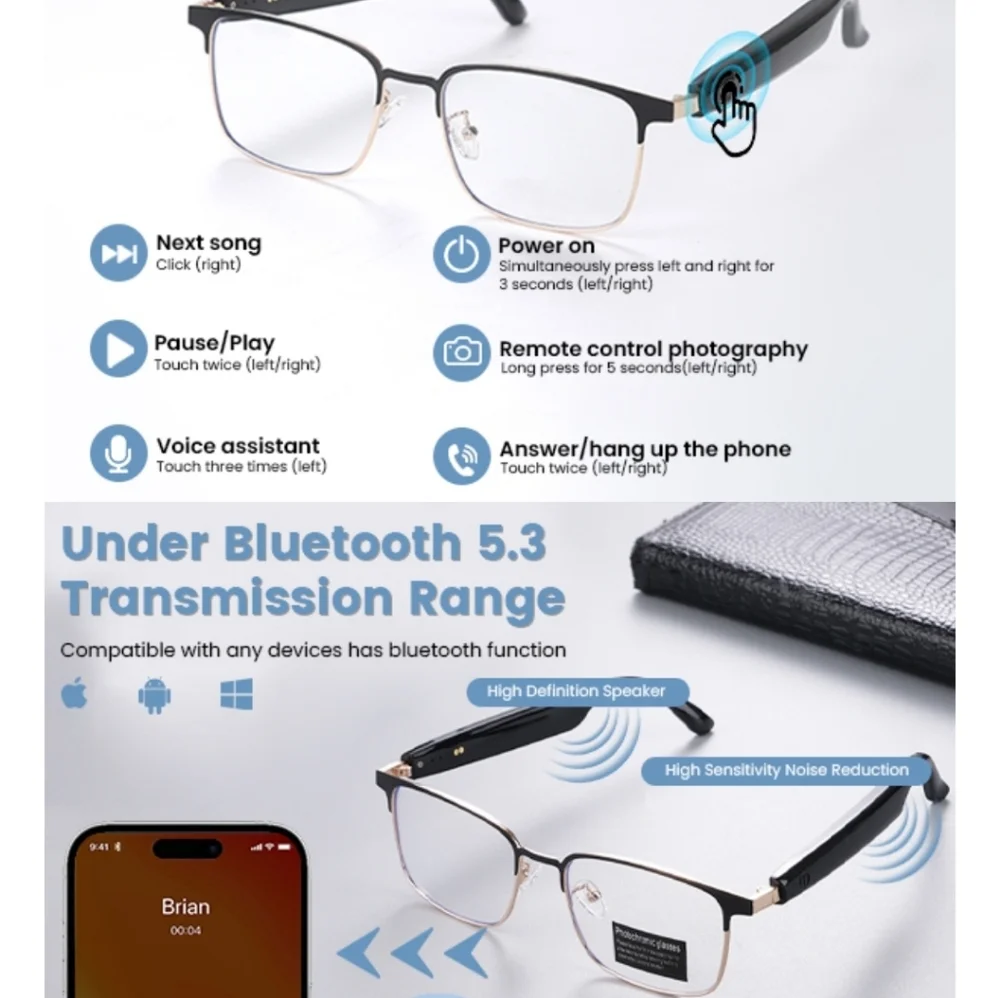 NEW! UNISEX BLUETOOTH GLASSES/SUNGLASSES w/TOUCH CONTROL FOR MUSIC, PHONE CALLS